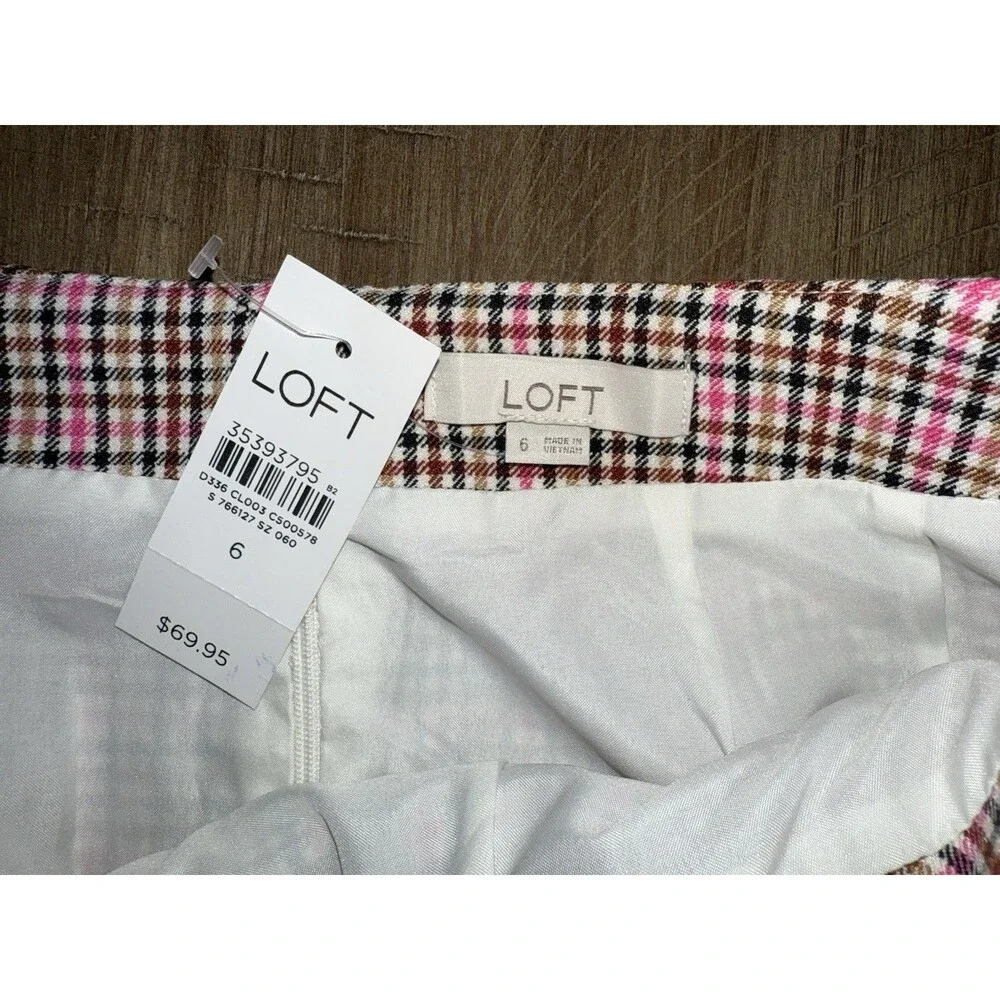 NWT LOFT Ann Taylor Pink Black Tan Plaid Tie Front Faux Wrap Mini Skirt Size 6
